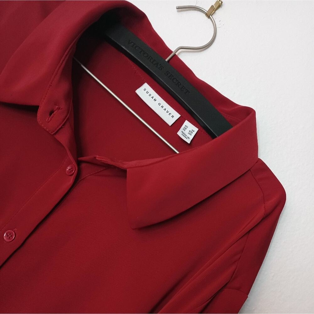 Susan Graver Tunic Rich Red Long Sleeve Silky Flowy Button Down - Picture 6 of 8